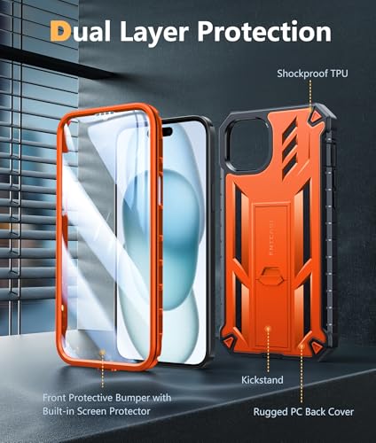 FNTCASE for iPhone 15 Plus Case, Built-in Screen Protector, Kickstand | Military-Grade Drop Protection, Anti-Slip Matte Textured, Rugged Heavy Duty Shockproof TPU Protective Cover - color: Orange