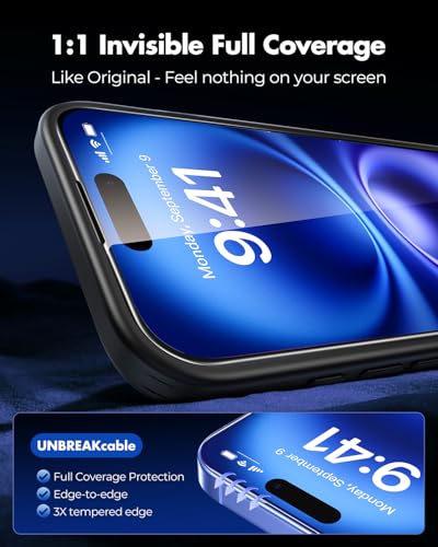 UNBREAKcable 3-Pack Screen Protector for iPhone 16,Tempered Glass | Shatterproof Glass,One Pull Perfection,Auto Dust Elimination,99.99% HD Clear,Bubble Free,Full Coverage for Apple 6.1 Inch - size: iPhone 16