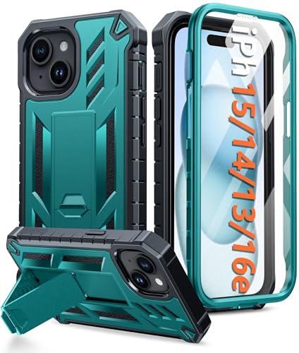 FNTCASE for iPhone 15/14/13 Case, Built-in Screen Protector, Kickstand | 20FT Military-Grade Drop Protection, Anti-Slip Matte Textured, Rugged Heavy Duty Shockproof Protective Phone Cover, Green - color: Green