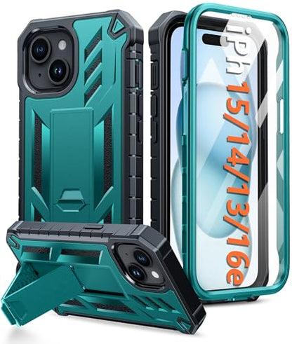 FNTCASE for iPhone 15/14/13 Case, Built-in Screen Protector, Kickstand | 20FT Military-Grade Drop Protection, Anti-Slip Matte Textured, Rugged Heavy Duty Shockproof Protective Phone Cover, Green - color: Green