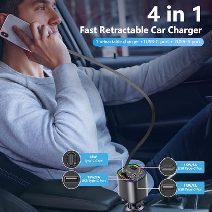 Retractable Car Charger, 4 in 1 Fast Car Charger 78W with 4 Ports(Grey) - color: Grey