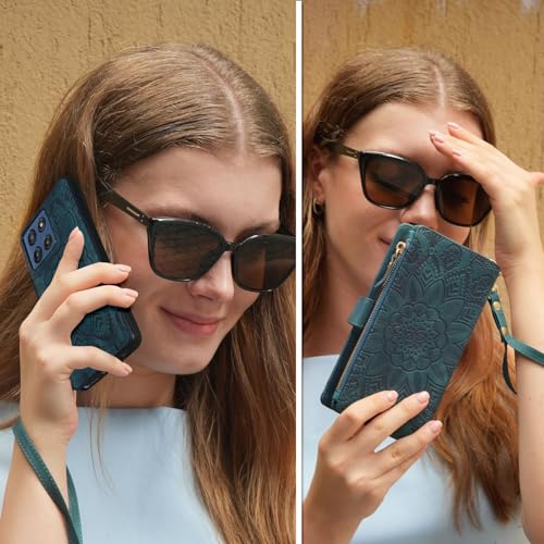 Harryshell Detachable Wallet Leather Case Compatible with Motorola Moto G Stylus 5G 2025/2026 Magnetic Phone Case Zipper with Cash Coin Pocket Multi Card Slots Holder Wrist Strap (Flower Teal) - color: Flower Teal, size: Moto G Stylus 5G 2025