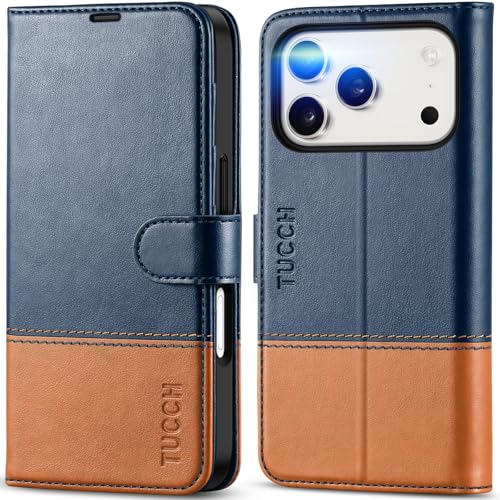 TUCCH Wallet Case for iPhone 17 Pro (6.3"), 4 Card Holders, Blue & Brown | RFID Blocking, Viewing Stand, Shockproof TPU Shell, PU Leather, Magnetic Closure, Protective Folio Flip Cover - color: Two-tone Blue & Brown