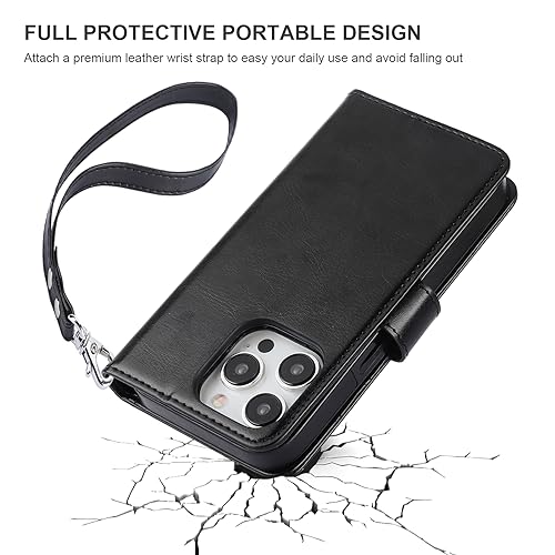 Bocasal Detachable Wallet Case Card Holder for iPhone 15 Pro, Black | RFID Blocking Kickstand Card Slots Holder PU Leather Magnetic Shockproof Wrist Strap Removable Flip Protective Cover 6.1 inch - color: Black