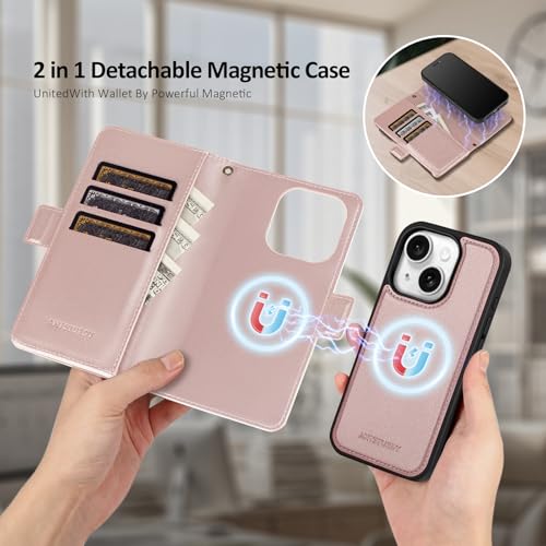 Antsturdy Compatible with MagSafe iPhone 14 Wallet Case,Rose Gold | Detachable Magnetic Credit Card Holder,RFID Blocking,PU Leather Zipper Purse,Wrist Strap Kickstand,Flip Phone Cover for Women - color: (Detachable with Magsafe)-Rose Gold