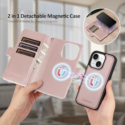 Antsturdy Compatible with MagSafe iPhone 14 Wallet Case,Rose Gold | Detachable Magnetic Credit Card Holder,RFID Blocking,PU Leather Zipper Purse,Wrist Strap Kickstand,Flip Phone Cover for Women - color: (Detachable with Magsafe)-Rose Gold