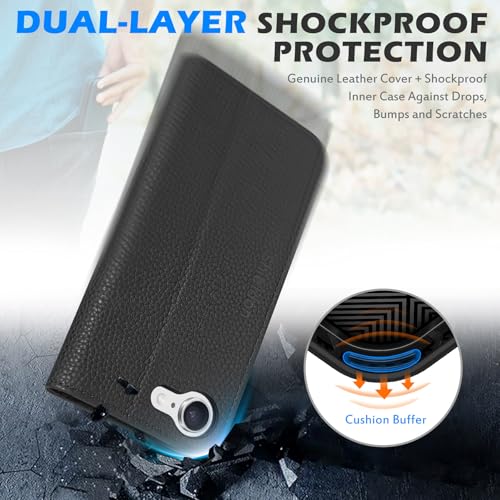 SHIELDON Real Leather Case Wallet for iPhone 17e/16e 6.1", Pebbled Black | Flip Magnetic Cover, Kickstand, RFID Blocking, 3 Credit Card Holder, Book Design, Shockproof, Soft Inner Phone Case - color: Pebbled - Black