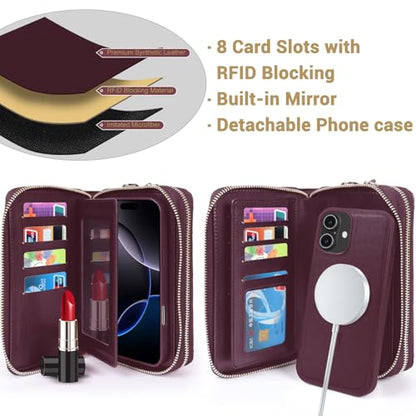 Harryshell Compatible with iPhone 16 Case Wallet Multi Zipper Detachable Removable Cover with RFID Blocking Card Slots Holder Mirror Crossbody Strap (Compatible with Magsafe - Quilted Burgundy) - color: Compatible with Magsafe - Quilted Burgundy, size: iP