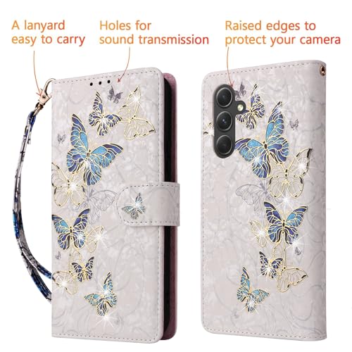 UEEBAI Wallet Case for Samsung Galaxy A16 4G/5G, PU Leather Phone Cover Kickstand RFID Blocking Flip Case Card Slots Wrist Strap Relief Engraved Pattern Magnetic Closure Folio Cover - Blue Butterfly - color: Blue Butterfly, size: Samsung Galaxy A16 4G/5G