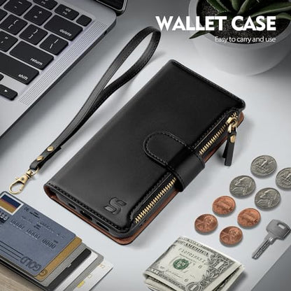 Shieldtop Compatible with Samsung Galaxy A37 5G Wallet Case with Card Holder,PU Leather Phone Case Flip Protective Cover Wrist Strap Zipper Credit Card Slots RFID Blocking Women Men,Black - color: Black