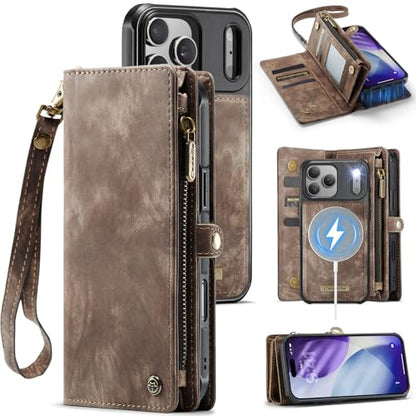 Compatible with iPhone 17 Pro Wallet Case with Magsafe with Zipper & Card Holder Strap Wristlet Detachable Magnetic Protective Back Case for iPhone 17 Pro 5G 6.3 Inch (Brown) - color: (Detachable and Magsafe)-Brown, size: iPhone 17 Pro 6.3 Inch