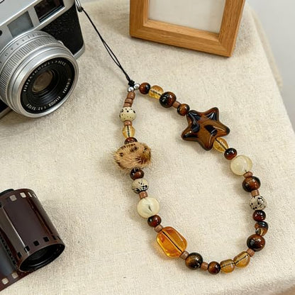 Cute Beaded Camera Wrist Strap for Phone, Digital Camera Charm Lanyard, Pearl Beaded Chain for Bag Keychain Gift - color: Leopard Star