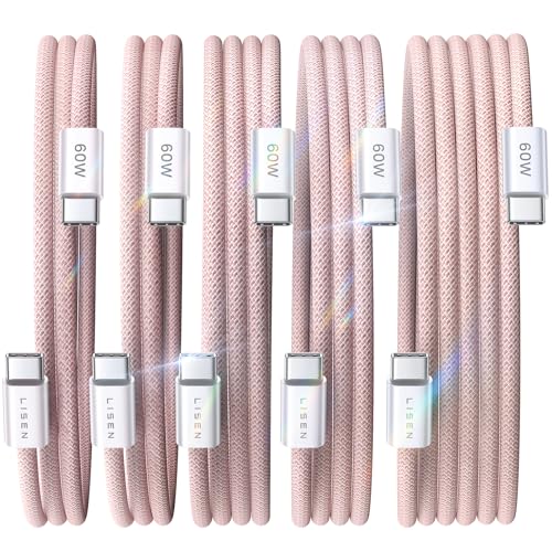 LISEN USB C to USB C Cable, 5-Pack [3.3/3.3/6.6/6.6/10FT] Pink for iPhone 17 Charger Cord, 60W C to C Cable Fast Charging for iPad, iPhone 17 Air 16 15 Pro Max, Samsung Z Flip 7/S25/S24 - color: Pink, size: 3.3+3.3+6.6+6.6+10FT