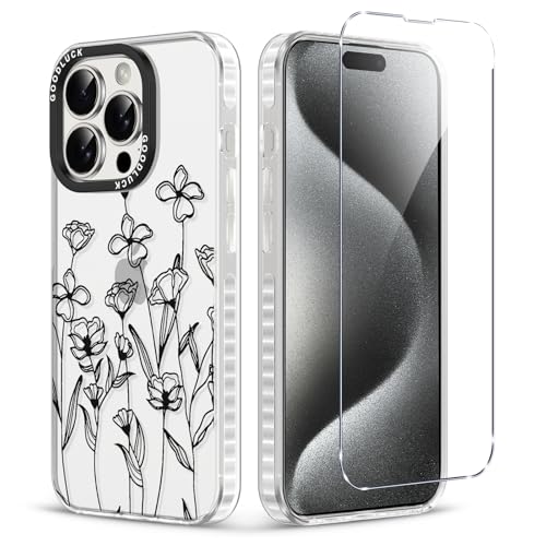 for iPhone 15 Pro Case Floral with Screen Protector,Protective Shockproof Slim Clear Floral Phone Cover?Cute Phone Case for Women Girl with Flower Pattern Design (Black line Flowers) - color: Black line flowers, size: iPhone 15 Pro