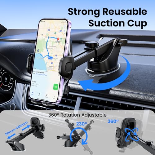 Phone Holders Car Dashboard/Windshield/Vent 3-in-1 Strong Suction Cup Phone Mount for iPhone 17/16/15/14, Samsung Galaxy S25/S24/S23, Thick Case Friendly 360° Rotation Hands-Free Stand