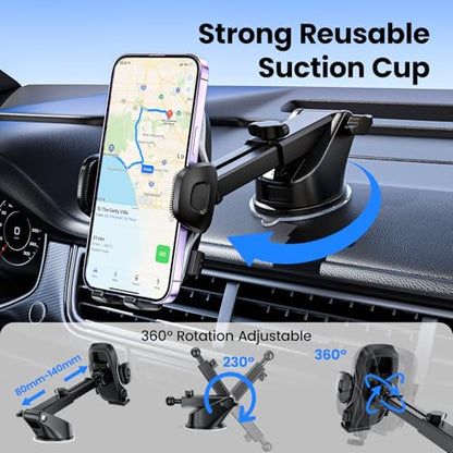 Phone Holders Car Dashboard/Windshield/Vent 3-in-1 Strong Suction Cup Phone Mount for iPhone 17/16/15/14, Samsung Galaxy S25/S24/S23, Thick Case Friendly 360° Rotation Hands-Free Stand