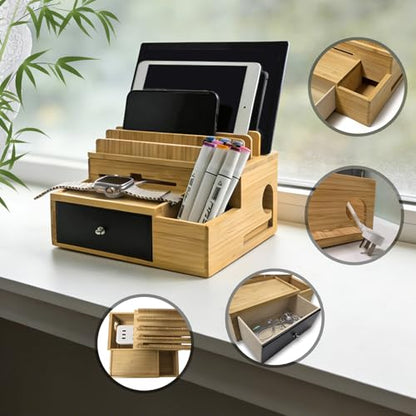 Bamboo Charging Station Organizer with Drawer and Pen Holder