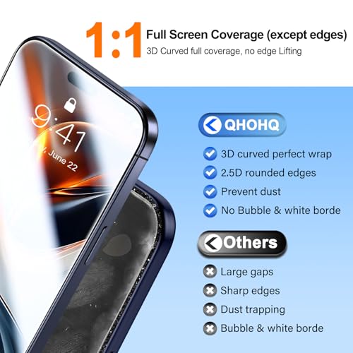 QHOHQ [1-Second Auto-Install] 3 Pack Screen Protector for iPhone 17 Pro [6.3 Inch] + 1 Set Camera Lens Protector, Shatterproof Tempered Glass, [Military Grade Protection], Anti-Finger, Case Friendly - size: iPhone 17 Pro 6.3 Inch