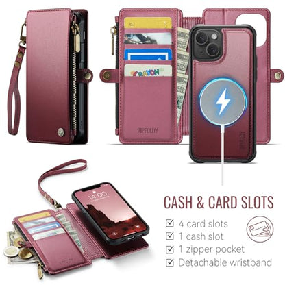 for iPhone 14 - Phone Case Wallet Magnetic Detachable, Burgundy - color: Burgundy, size: iPhone 14
