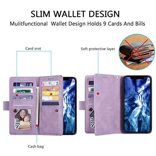 EYZUTAK Wallet Phone Case for Samsung Galaxy A15 4G/5G, Retro Matte 9 Card Holder Slots Zipper Pocket Handbag Case PU Leather Magnetic Closure Kickstand with Wrist Strap Flip Folio Purse Case - Purple - color: Purple, size: Samsung Galaxy A15 4G/5G