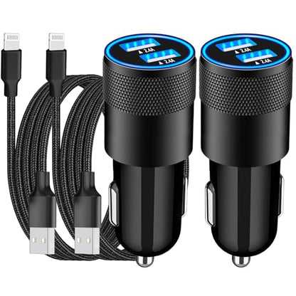 Apple MFi Certified iPhone Car Charger with 2Pack Lightning Braided Cable - color: Carbon Black
