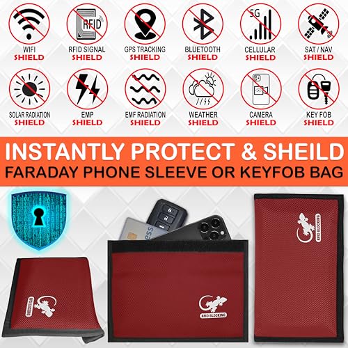 Gecko Travel Tech Faraday Bag Anti-Tracking GPS RFID Car Key Signal Blocker Wallet Shielding Pouch Protective Case for Cell Phone Car Key FOB, Data Privacy, Electronic Device Security (RED - NYLON) - color: RED - NYLON