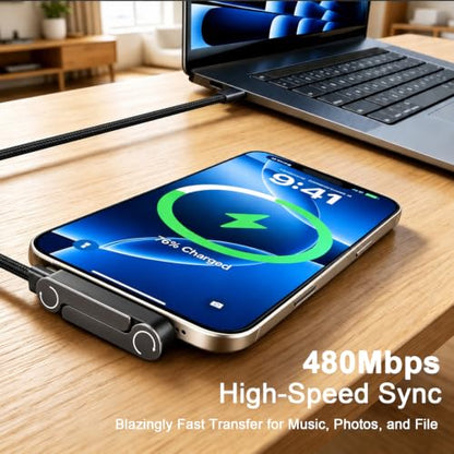 2 Pack USB C to C/Lightning Invisible Holder Charger Cable, 240W 90° Right Angle Fast Charging Cable & Phone Holder 2-in-1, Sideways Flat Phone Charger with Stand for iPhone 17/16/15/14/13/Android