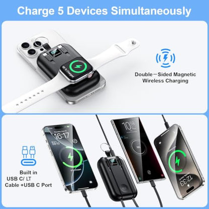 Magnetic Portable Charger 10000mAh Wireless Power Bank with Built-in Cables - color: blue