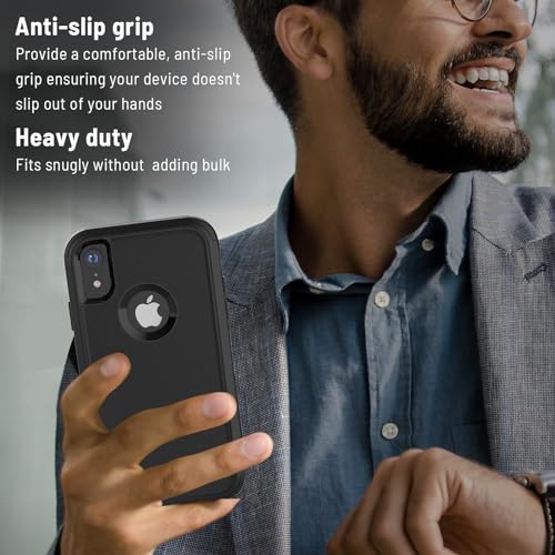 X-belmox for iPhone XR Phone Case [Dropproof] Shockproof Heavy Duty Black | 3-Layers Drop Protection Cover for iPhone XR 6.1 Inch with Tempered Glass Screen Protector, Protective Rugged XR Phone Case - color: Black