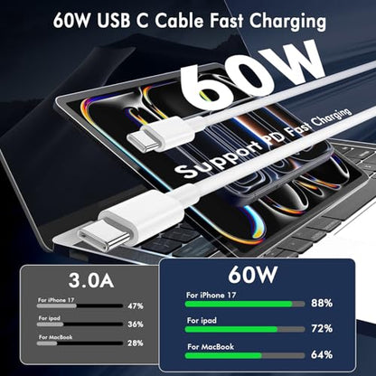 APFEN 2Pack 10FT USB-C to USB-C 60W Fast Charging Cable,White - size: 2Pack-10FT