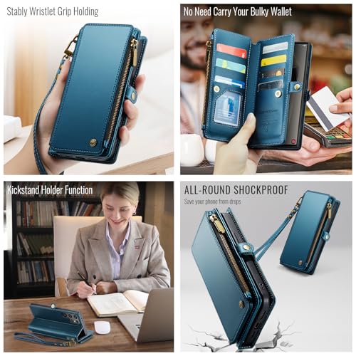 Defencase for Samsung Galaxy S24 Ultra Wallet Case with Card Holder, Blue | Durable PU Leather, with RFID Blocking Zipper Pocket, Wrist Strap, S24 Ultra Flip Phone Cases Cover with Stand for Women Men - color: Ocean Blue