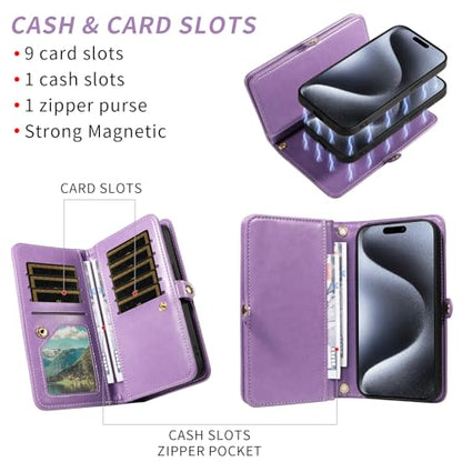 Asuwish Phone Case for iPhone 15 Pro 6.1 inch Zipper Wallet Magnetic Detachable Cell Cover with Tempered Glass Screen Protector Crossbody Strap Flower Card Holder Slot i Phone15 i15 15Pro Women Purple - color: Purple
