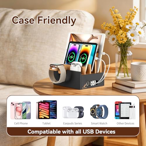 Pezin & Hulin Bamboo Charging Station with USB Charger&Cables-Natural+Black - color: Natural + Black(With Charger)