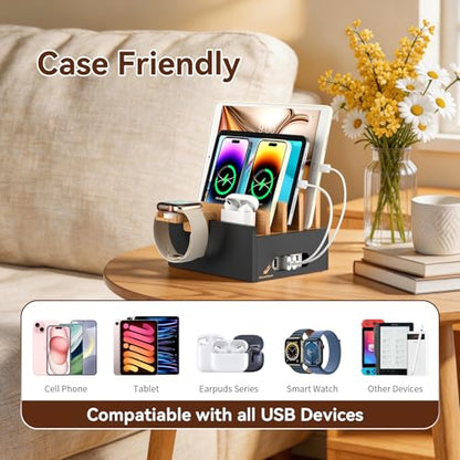 Pezin & Hulin Bamboo Charging Station with USB Charger&Cables-Natural+Black - color: Natural + Black(With Charger)