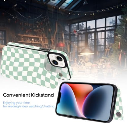 Compatible with iPhone 14/13 6.1" Wallet Case with Card Holder Folio Flip PU Leather Kickstand Card Slots Case Double Magnetic Clasp and RFID Blocking Cover 6.1 Inch (Green Checkerboard) - color: Checkerboard, size: iPhone 14/13