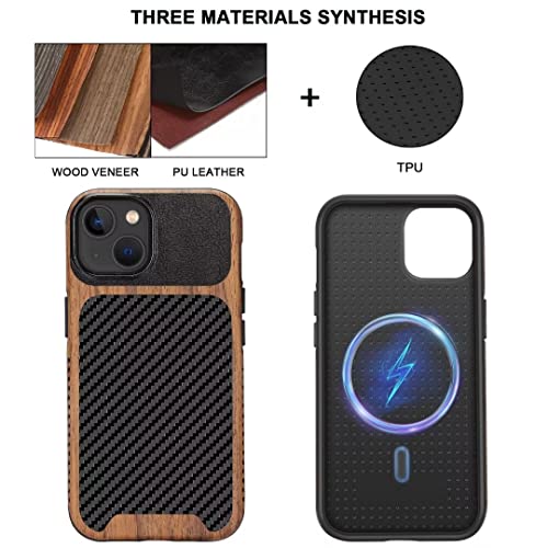 TENDLIN Magnetic Case Compatible with iPhone 14 Case Wood Grain with Carbon Fiber Texture Design Leather Hybrid Slim Cover (Compatible with MagSafe) Black - color: Magnetic Black, size: iPhone 14
