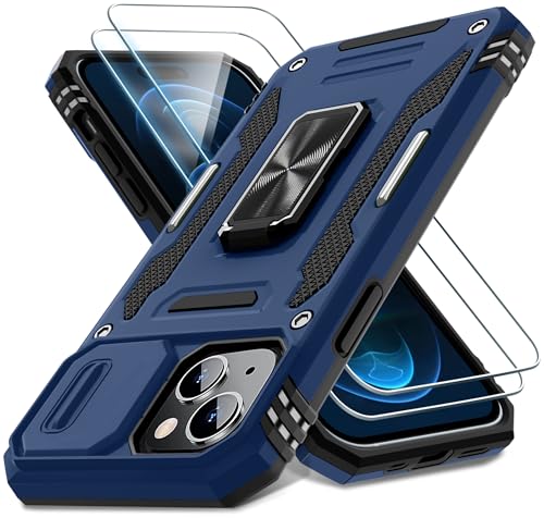 DEERLAMN Case for iPhone 15 with Slide Camera Cover + Screen Protector (2 Packs), Rotated Ring Kickstand Military Grade Shockproof Protective Cover-Navy Blue - color: Navy Blue