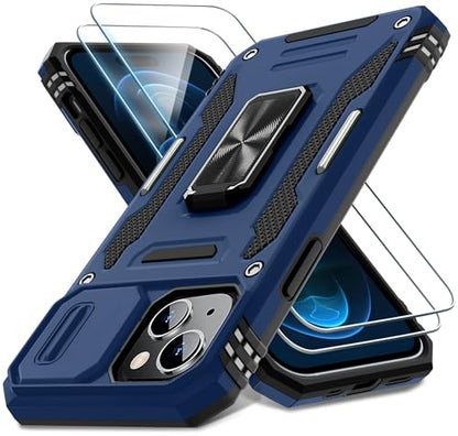 DEERLAMN Case for iPhone 15 with Slide Camera Cover + Screen Protector (2 Packs), Rotated Ring Kickstand Military Grade Shockproof Protective Cover-Navy Blue - color: Navy Blue