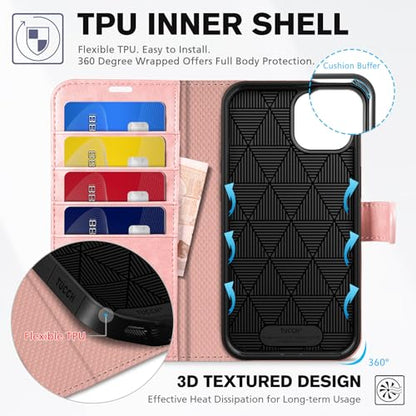 TUCCH Wallet Case for iPhone 14 (6.1") 2022, 4 Card Holders, Rose Gold | RFID Blocking, Viewing Stand, Shockproof TPU Shell, PU Leather, Magnetic Closure, Protective Folio Flip Cover - color: Rose Gold
