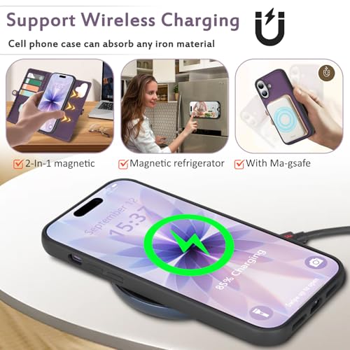 for Wallet Case Compatible with iPhone 17,Multi-Function Detachable 3 in 1 Magnetic iPhone 17 Case Wallet,Flip Strap Zipper Card Holder Phone Case with Shoulder Straps (Pruple) - color: Purple, size: iPhone 17