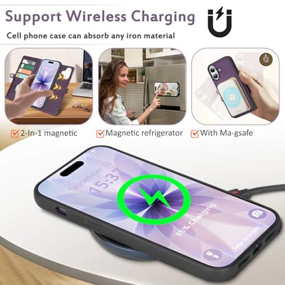 for Wallet Case Compatible with iPhone 17,Multi-Function Detachable 3 in 1 Magnetic iPhone 17 Case Wallet,Flip Strap Zipper Card Holder Phone Case with Shoulder Straps (Pruple) - color: Purple, size: iPhone 17