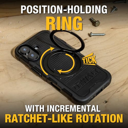 DEWALT 360° Rotatable Magnetic Ring for iPhone 16 Case, Heavy Duty Drop Protection Fit for MagSafe w/Stand & Ring Holder, Shockproof Nanobubbles for iPhone 16 Phone Case Ostand, Black - size: iPhone 16