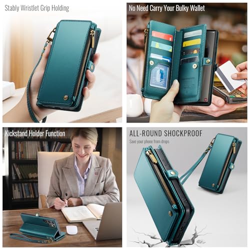 Defencase for Samsung Galaxy S24 Ultra Wallet Case with Card Holder, Green | Durable PU Leather, with RFID Blocking Zipper Pocket, Wrist Strap, S24 Ultra Flip Phone Cases Cover with Stand for Women Men - color: Blue Green