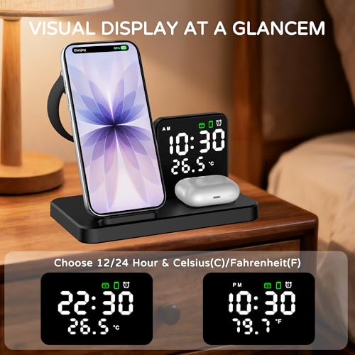 5 in 1 Wireless Charging Station with Alarm Clock Pen Holder, Fast Wireless Charger for iPhone 17/16/15/14/13/12/Pro/Max/Air, for iWatch & AirPods, Charger Stand with Temperature, Snooze Model Black - color: BLACK