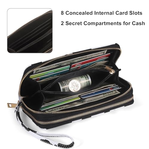 RFID Wallet for Women with Cellphone Pocket - Double Zipper Wristlet Purse Large Capacity, 17 Card Slots, Coin Pocket, ID Window, Cow Print - color: Cow