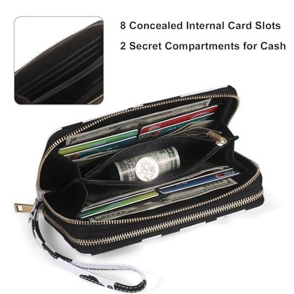 RFID Wallet for Women with Cellphone Pocket - Double Zipper Wristlet Purse Large Capacity, 17 Card Slots, Coin Pocket, ID Window, Cow Print - color: Cow