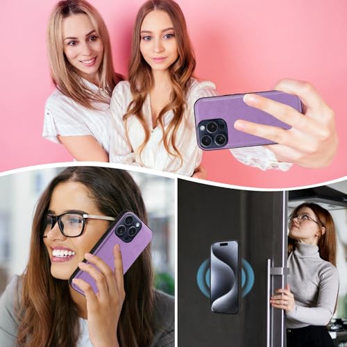 Asuwish Phone Case for iPhone 15 Pro 6.1 inch Zipper Wallet Magnetic Detachable Cell Cover with Tempered Glass Screen Protector Crossbody Strap Flower Card Holder Slot i Phone15 i15 15Pro Women Purple - color: Purple