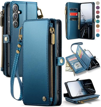 Defencase for Samsung Galaxy S25+/Plus Wallet Case with Card Holder, D-Blue | with RFID Blocking Zipper Pocket, Durable PU Leather, Wrist Strap, S25 Plus Flip Phone Cases Cover with Stand for Women Men - color: Dark Blue