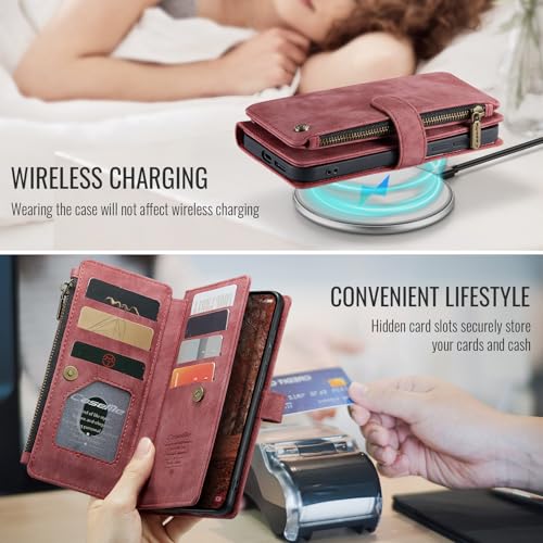 Compatible with Samsung Galaxy S26 Wallet Case,with Card Holder Kickstand Magnetic Zipper Pocket Lanyard Strap Wristlet,Leather Flip Case Wallet for Samsung Galaxy S26 5G 6.3 Inch (Red) - color: Red, size: S26 6.3 Inch