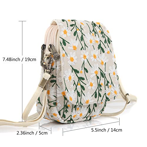 SILKAREA Embroidered Cute Mini Crossbody Bag for Women Small Handbags Wristlet Wallet Bag Cell-phone Pouch Coin Purse - color: Chamomile Beige